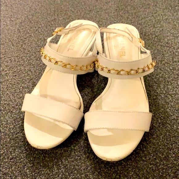 CHANEL Shoes - **SOLD** CHANEL White Leather Gold Chain Sandals